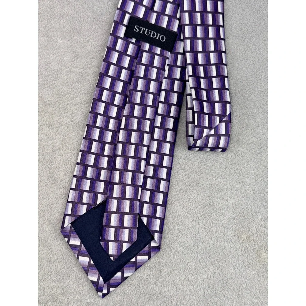 Studio Mens Purple‎ Geometric Block Pattern Polyester Necktie Made in Korea